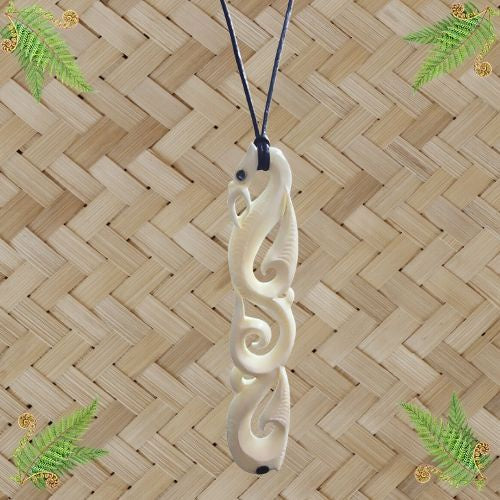 Bone Manaia Engraved with Tail & Paua Pendant - 150mm