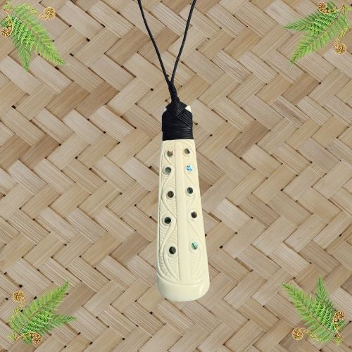 Bone Engraved Koru Pattern Toki with Paua Pendant - 120mm