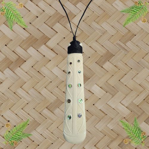 Bone Engraved Koru Pattern Toki with Paua Pendant - 145mm