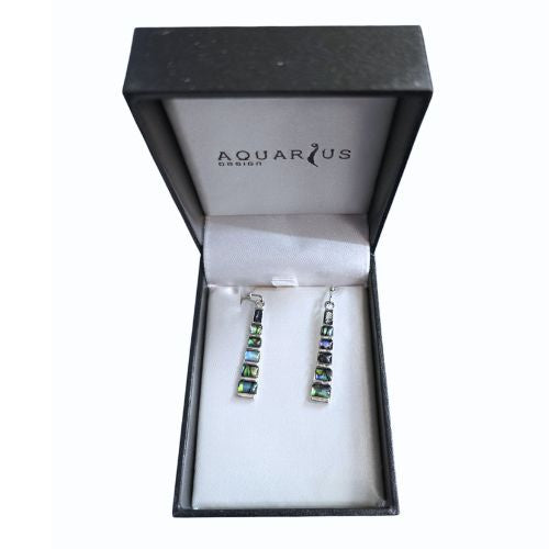 Paua & Rhodium Plated Sectioned Drop Earrings  - 30mm