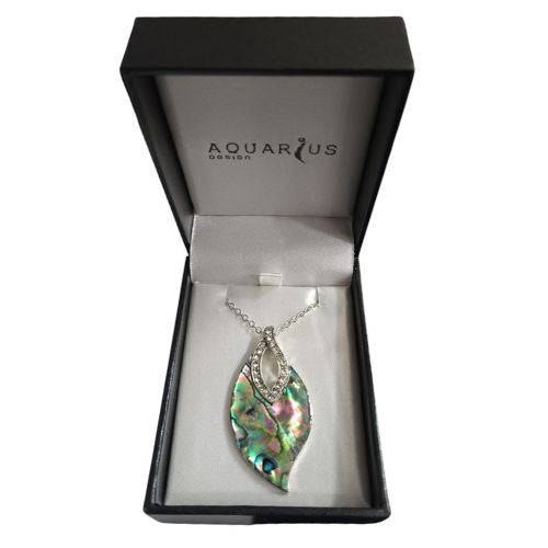Paua Leaf Pendant with Crystal - 45mm