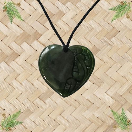 NZ Greenstone Engraved Heart Pendant - 30mm