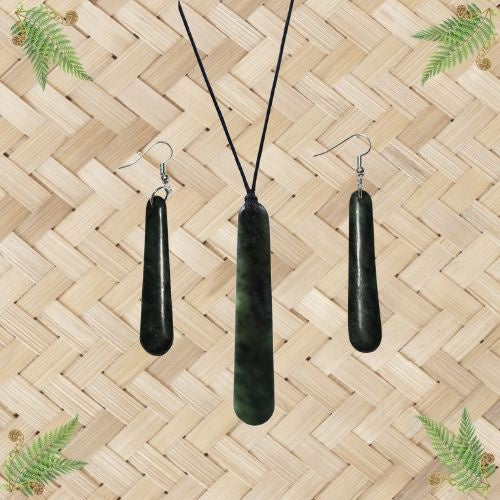NZ Greenstone Drop Pendant & Earrings Set