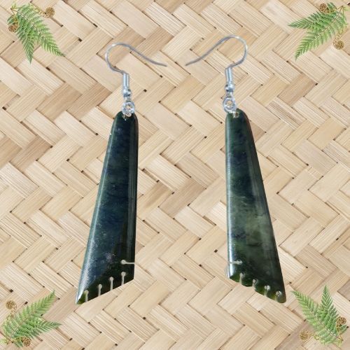 NZ Greenstone Tri Drop Earrings - 70mm