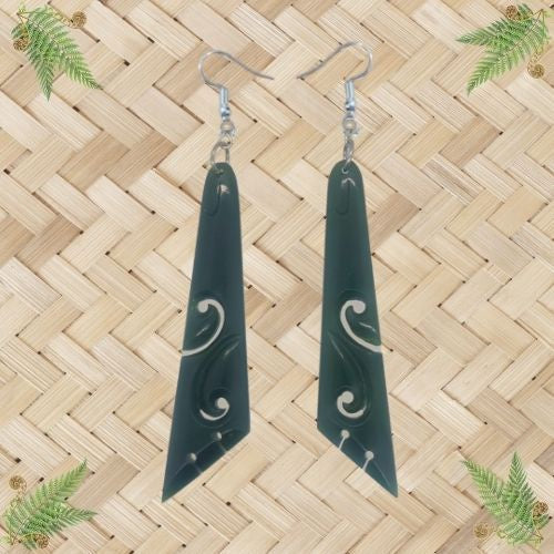 NZ Greenstone Koru Drop Triangle Earrings - 70mm