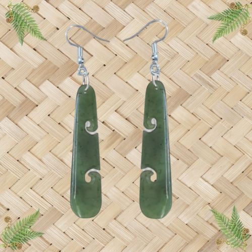 NZ Greenstone Koru Drop Earrings - 50mm