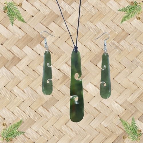 NZ Greenstone Koru Drop Pendant & Earrings Set