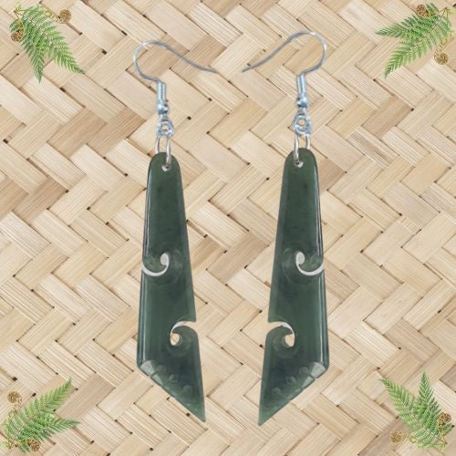 NZ Greenstone Tri Koru Earrings - 55mm