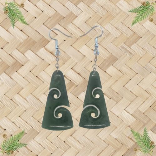 NZ Greenstone Koru Triangle Earrings - 50mm