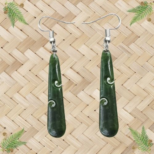 NZ Greenstone Koru Drop Earrings - 70mm