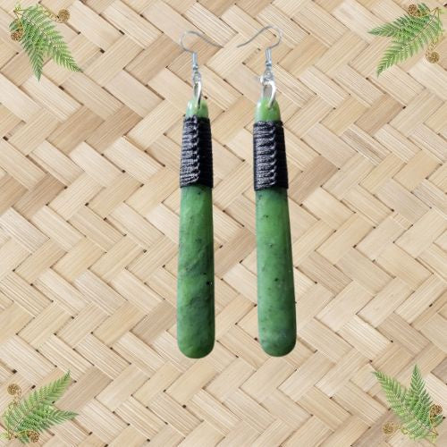 NZ Greenstone Drop Earrings with Binding - 60mm