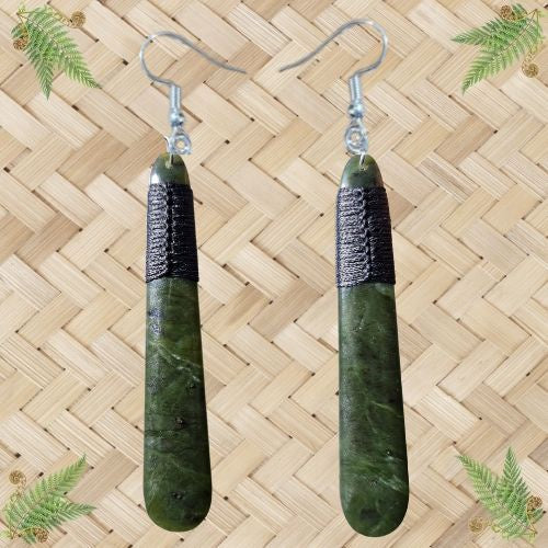 NZ Greenstone Drop Earrings with Binding - 90mm