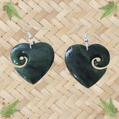NZ Greenstone Heart Koru Earrings - 30mm
