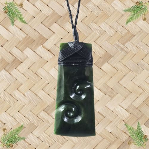 NZ Greenstone Toki with 2 Koru Pendant - 80mm