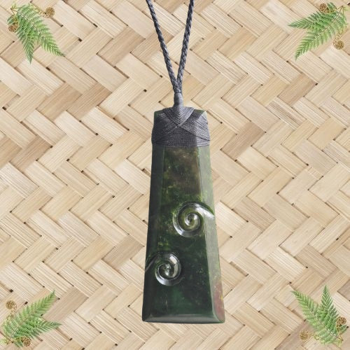 NZ Greenstone Toki with 2 Koru Pendant - 150mm