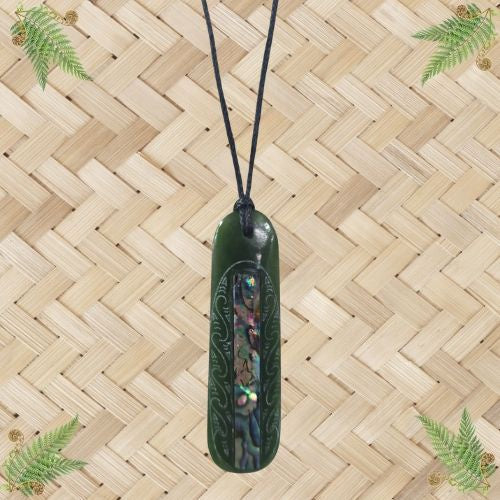 NZ Greenstone Engraved Drop Pendant with Paua - 70mm