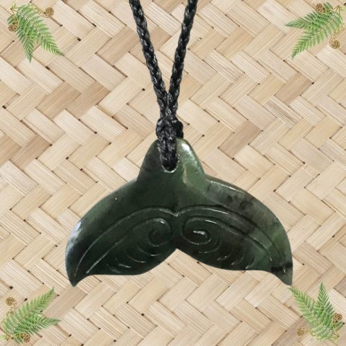 NZ Greenstone Whale Tail Engraved Pendant - 50mm