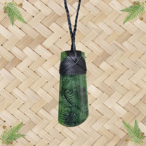 NZ Greenstone Engraved Toki Drop Pendant - 72mm