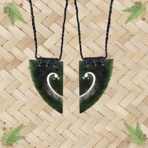 NZ Greenstone Heart Koru Pair Pendant - 65mm