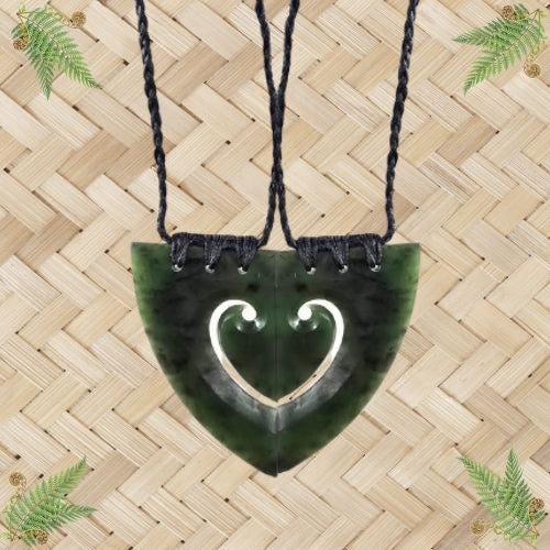 NZ Greenstone Heart Koru Pair Pendant - 65mm