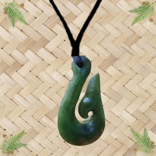 NZ Greenstone Whale Tail Hook Pendant - 42mm