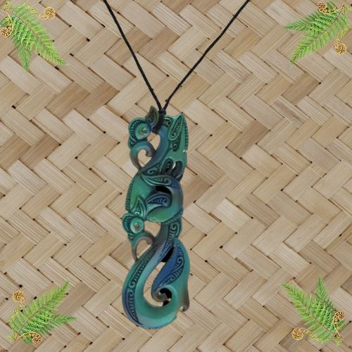 Bone Double Manaia Painted Pendant - 90mm