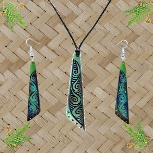 Bone Engraved Drop Triangle Painted Pendant & Earrings Set