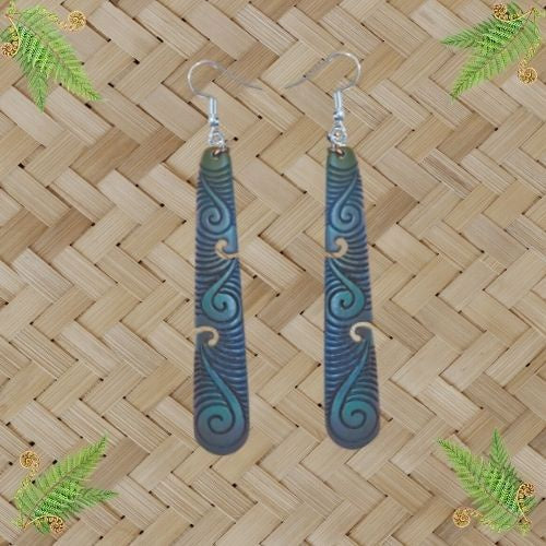 Bone Drop Koru Pattern Painted Earrings - 70mm.