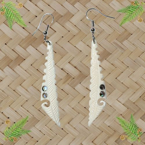 Bone Carved Earrings - Drop Triangle with Paua - 55mm