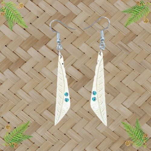 Bone Carved Earrings - Drop Triangle with Paua - 55mm