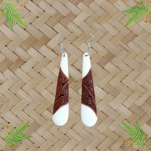 Bone Drop Engraved Earrings with Staining - 70mm