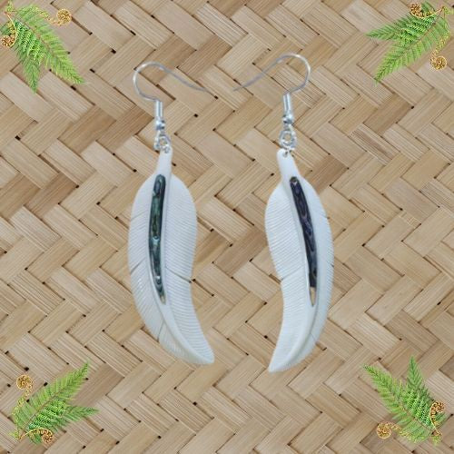 Bone Feather Earrings with Paua - 80mm