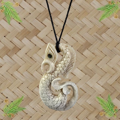 Whale Bone Manaia with Paua Pendant - 62mm