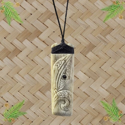 Whale Bone Toki Manaia Face with Paua Pendant - 80mm