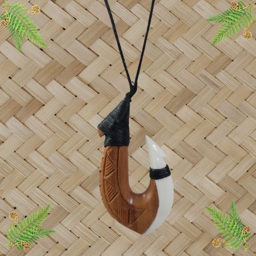 Bone & Wood Hook Engraved Tail Pendant - 65mm