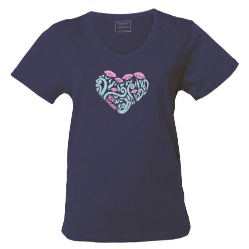 Adults Ladies Flower Heart Shape Tee - Navy