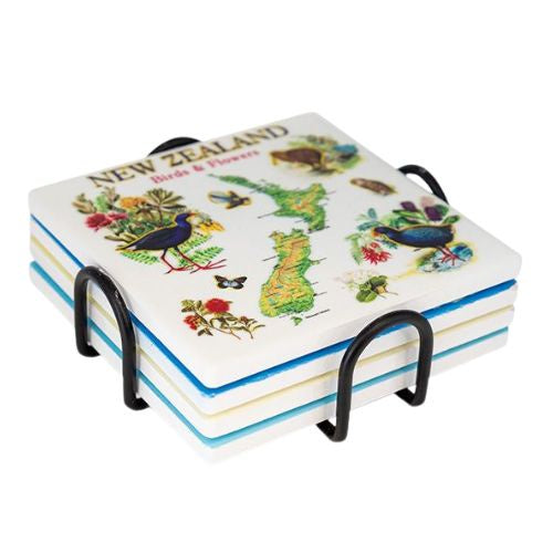 NZ Birds, Flowers & Map Ceramic Coaster Set 4pk