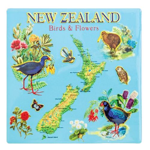 New Zealand Birds, Flowers & Map Ceramic Coaster Set 4pk
