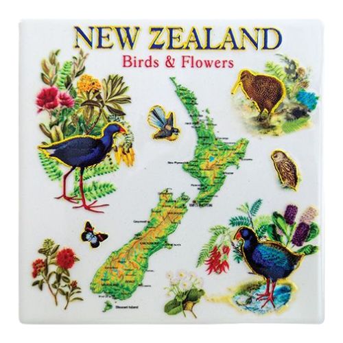 New Zealand Birds, Flowers & Map Ceramic Coaster Set 4pk