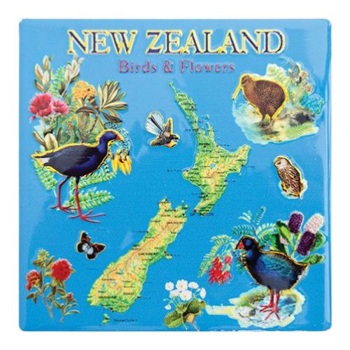 New Zealand Birds, Flowers & Map Ceramic Coaster Set 4pk