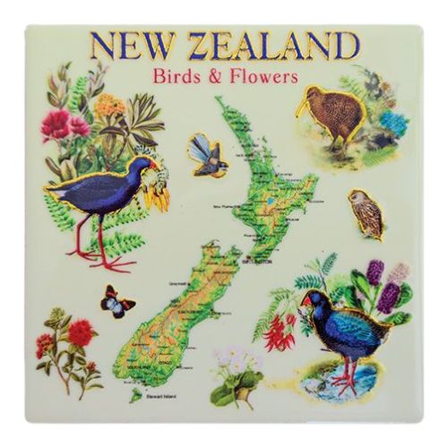 New Zealand Birds, Flowers & Map Ceramic Coaster Set 4pk