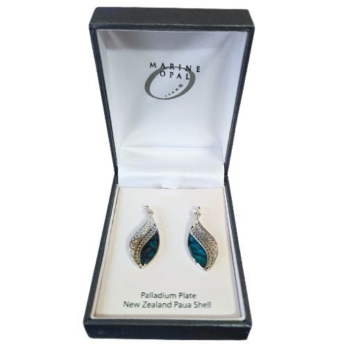 Paua & Palladium Filigree Spiral Leaf Earrings