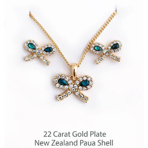 Paua & Crystal Gold Plate Bows Pendant & Earring Set