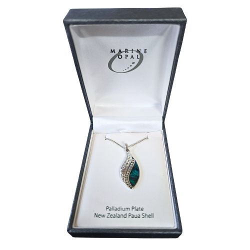 Paua & Palladium Filigree Spiral Leaf Pendant