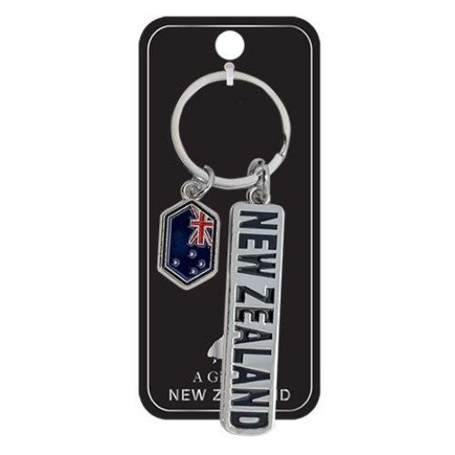 New Zealand with Flag Metal Keyring