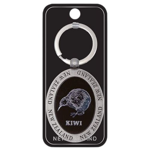 NZ Kiwi & Fern Oval Metal Keyring