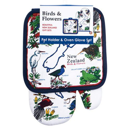 NZ Birds & Flowers Pot Holder & Oven Glove Set - Blue