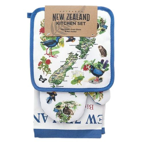 NZ Map, Birds & Flowers 3pc Set - Blue