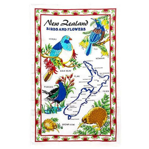 NZ Birds & Flowers Tea Towel - Red