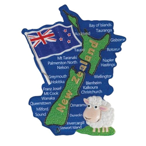 NZ Map with Sheep & Places Green Polyresin Magnet